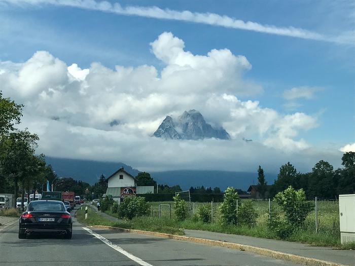 Mount Zugspitze surrounded by clouds.